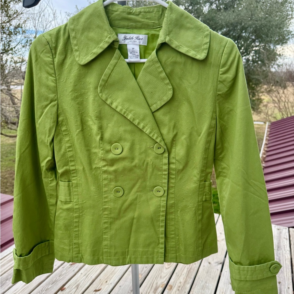 Judith Hart Jacket Petites 6P Green Brocade Textured Lined Cotton Blazer Pockets